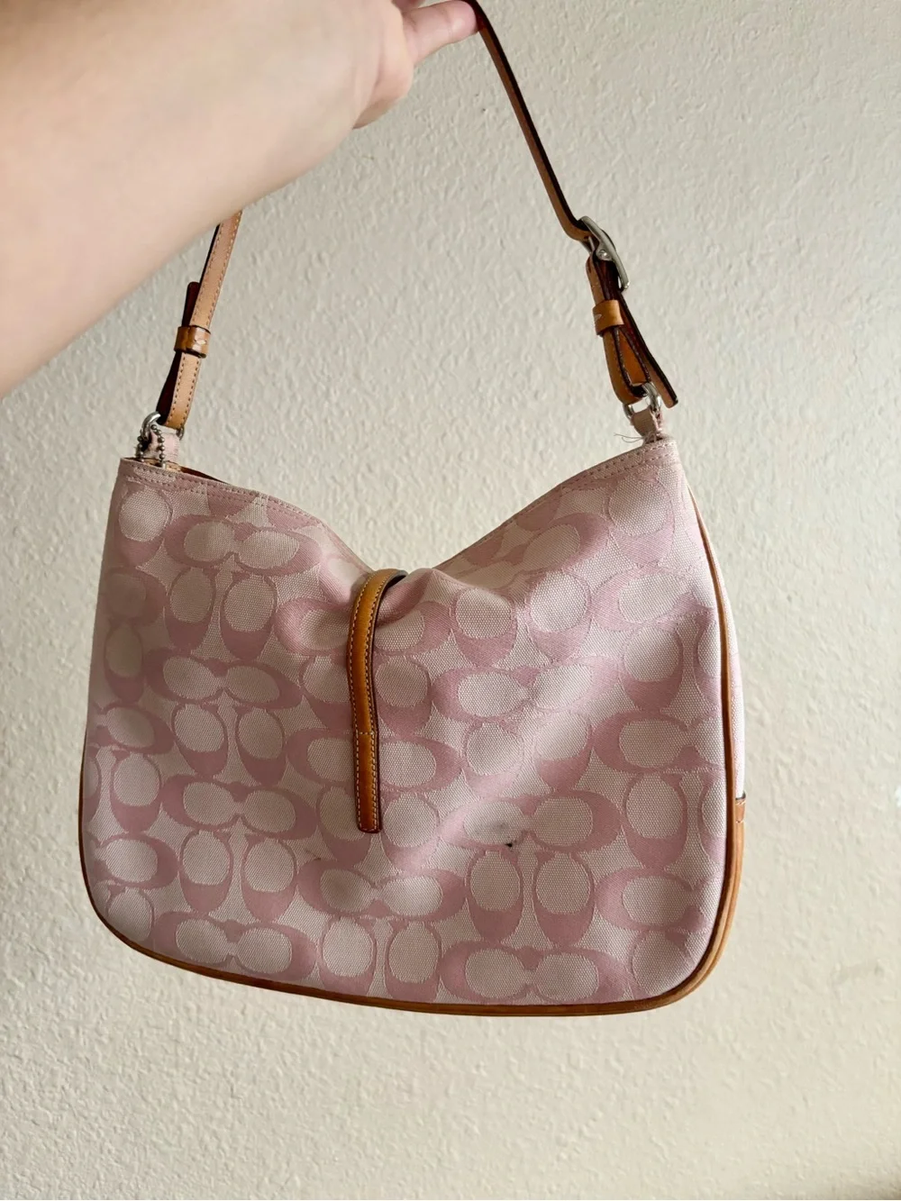 Coach Pink Signature Canvas Hobo with Tan Leather Trim